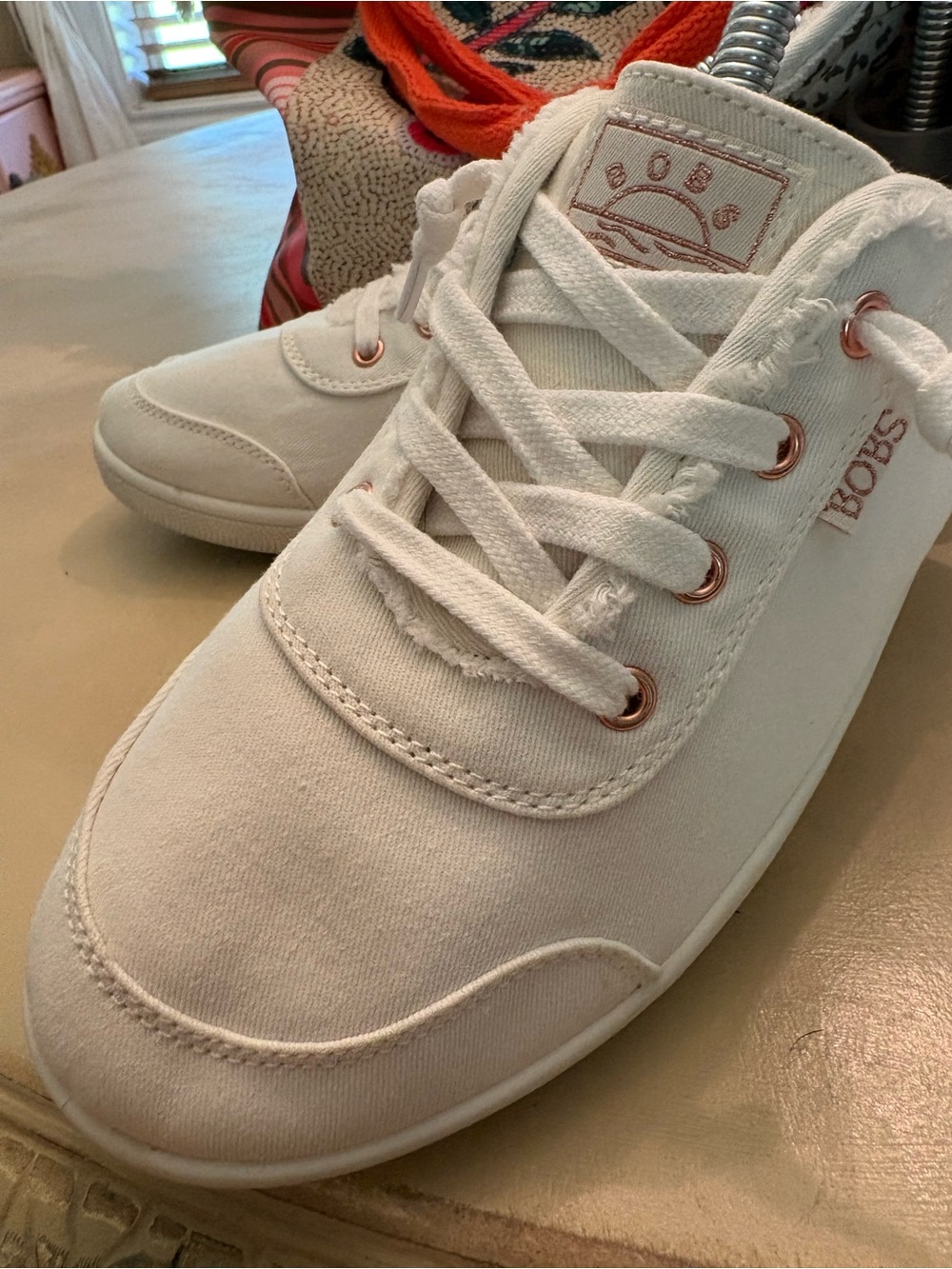 Skechers BOBS White Canvas Lace-Up Sneakers with Rose Gold Eyelets - Picture 10 of 11